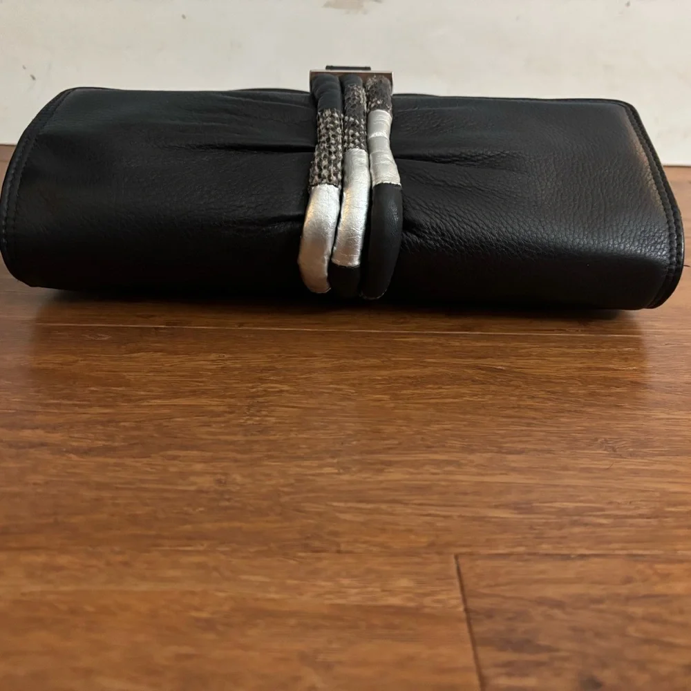 Tahari Black Leather Ruched Clutch Silver Chain Shoulder Bag